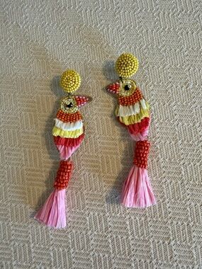 Colorful Beaded Raffia Parrot Tassel Earrings - Yellow, Red, Pink